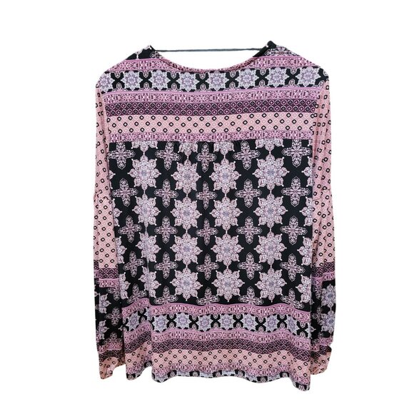 Style & Co Womens Boho Long Sleeve Floral Print Blouse M Pink & Black - Picture 2 of 5